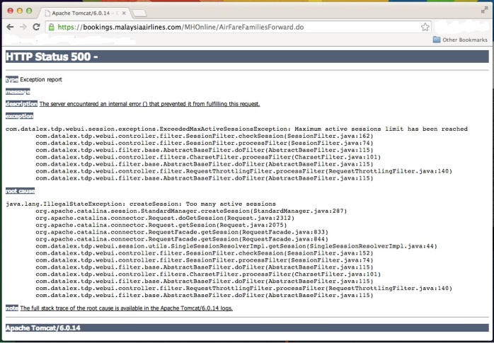 Malaysian Airlines website server error